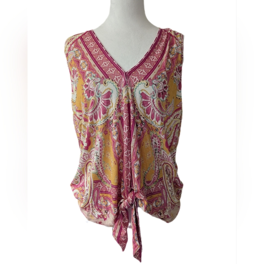 Hale Bob Floral Paisley Sleeveless Jersey V-neck Tie Top-L-